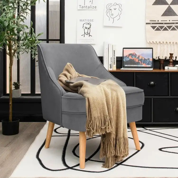 Fauteuil d'appoint en velours avec pieds en bois d'hévéa - 27 x 25 x 30 (L x l x H)