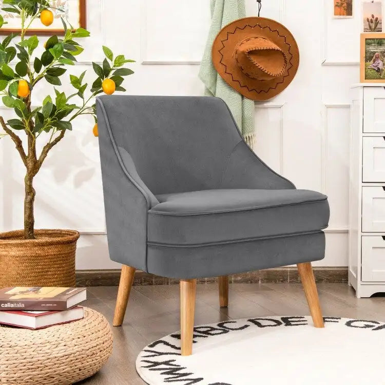 Fauteuil d'appoint en velours avec pieds en bois d'hévéa - 27 x 25 x 30 (L x l x H)