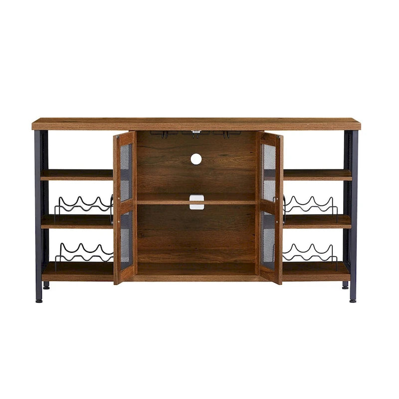 Meuble Bar Industriel, Buffet de Rangement pour Alcools, Desserte avec Range-Bouteilles et Porte-Verres 140 cm (l) x 35 cm (P) x 77 cm (H)