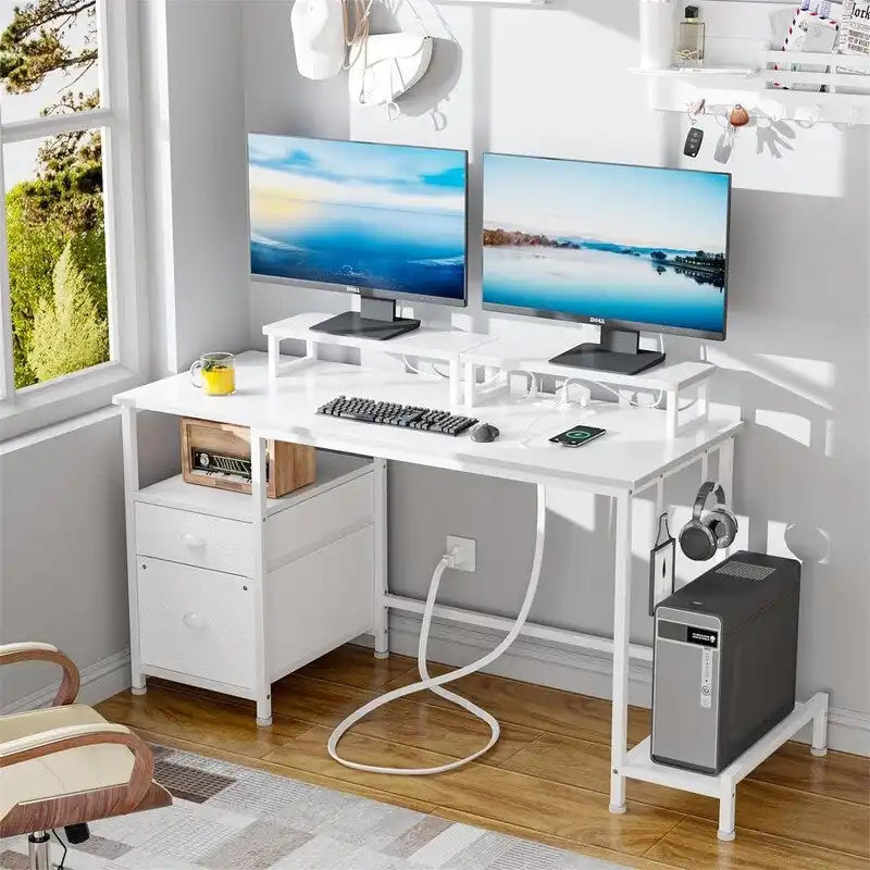 Bureau informatique blanc avec tiroir