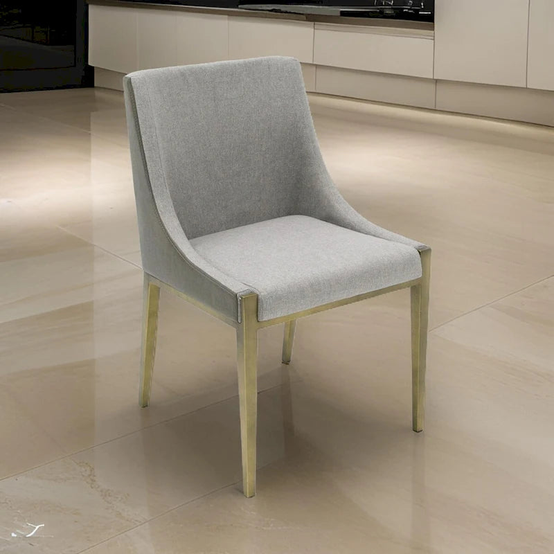Cid Shyla 21 Inch Dining Chair, Sloped Arms, Gray Faux Leather, Brass Base
