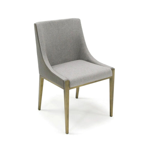 21 Inch Dining Chair, Sloped Arms, Gray Faux Leather, Brass Base