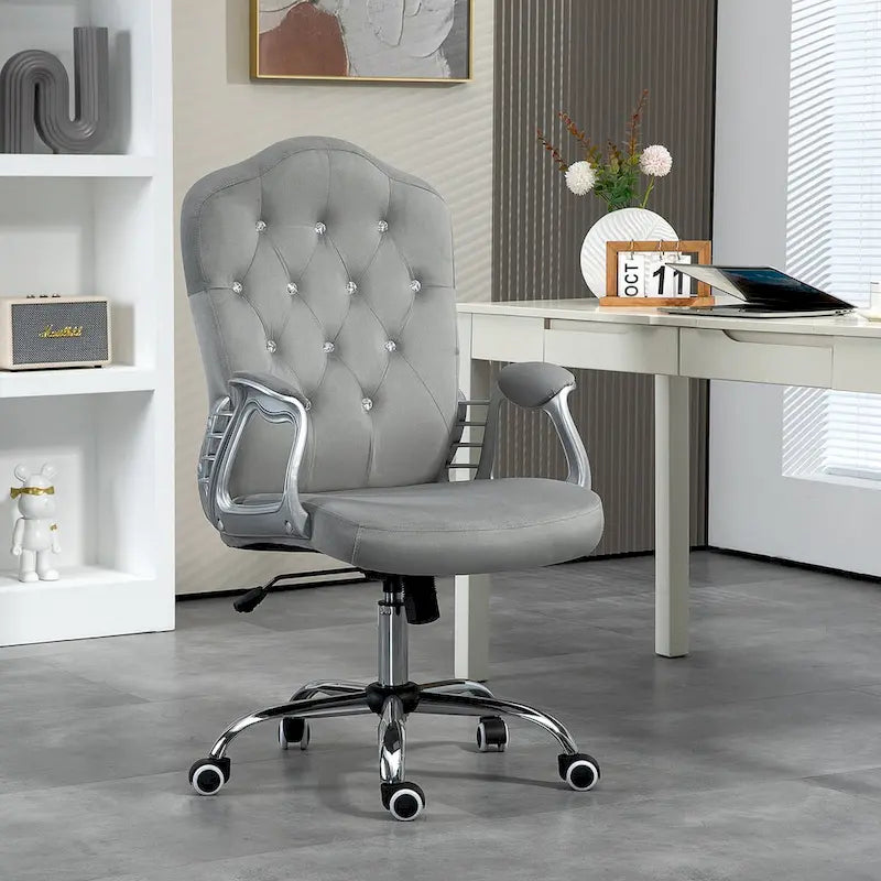 Chaise de bureau à domicile, chaise d'ordinateur en velours, chaise de bureau capitonnée avec roulettes pivotantes, hauteur réglable et fonction d'inclinaison