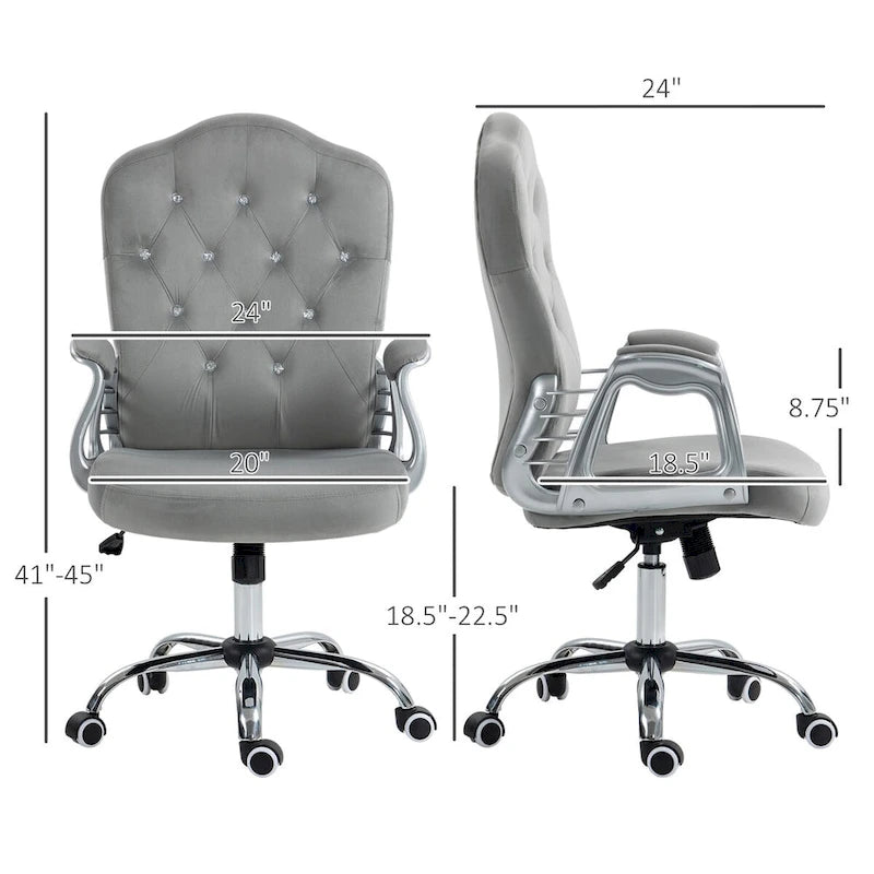 Chaise de bureau à domicile, chaise d'ordinateur en velours, chaise de bureau capitonnée avec roulettes pivotantes, hauteur réglable et fonction d'inclinaison