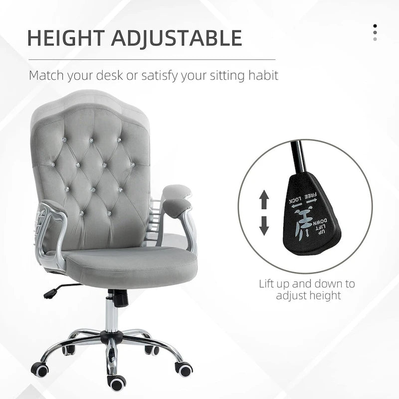Chaise de bureau à domicile, chaise d'ordinateur en velours, chaise de bureau capitonnée avec roulettes pivotantes, hauteur réglable et fonction d'inclinaison