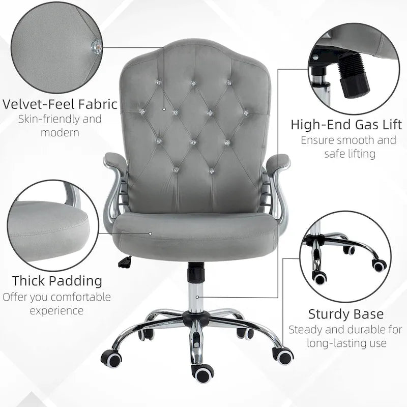 Chaise de bureau à domicile, chaise d'ordinateur en velours, chaise de bureau capitonnée avec roulettes pivotantes, hauteur réglable et fonction d'inclinaison