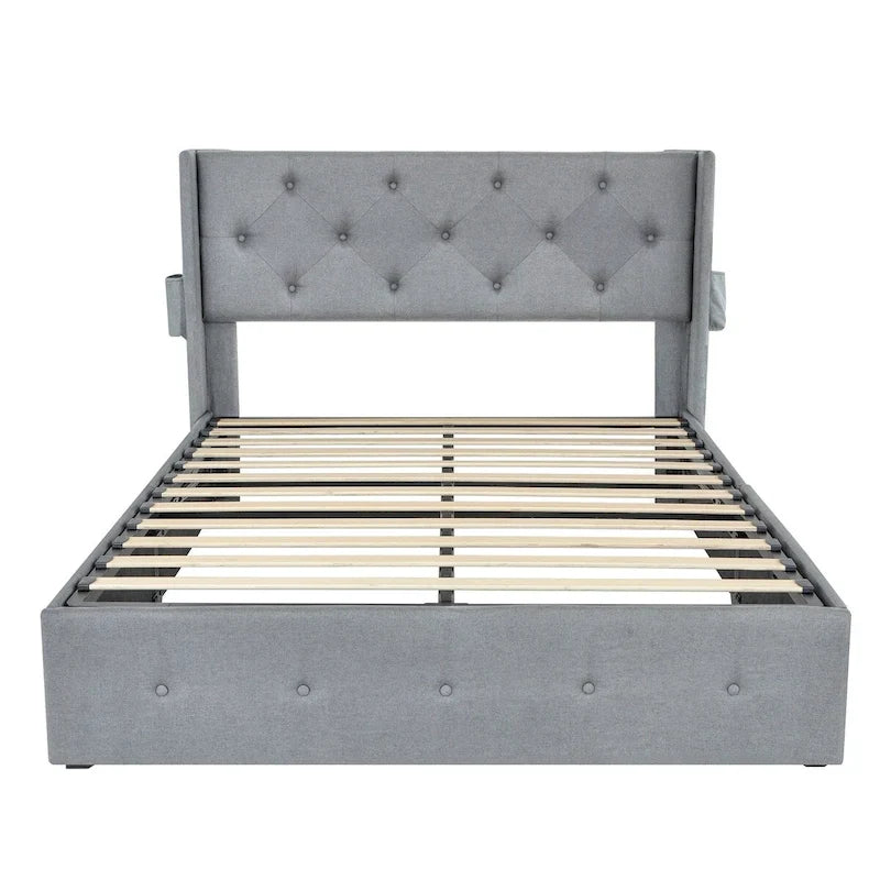 Cadre de lit double avec sommier relevable et ports USB