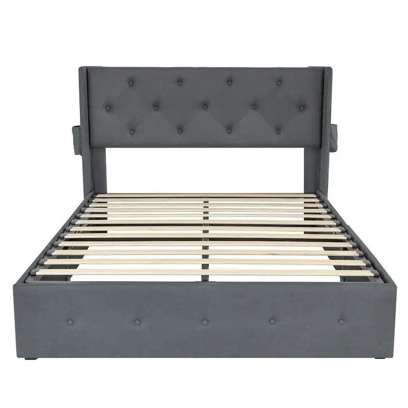 Cadre de lit double avec sommier relevable et ports USB