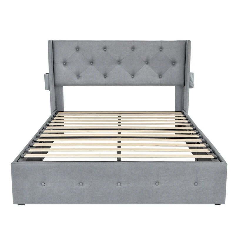 Cadre de lit double avec sommier relevable et ports USB