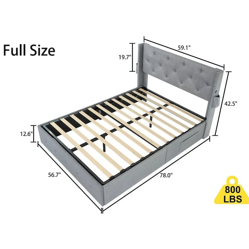 Cadre de lit double avec sommier relevable et ports USB