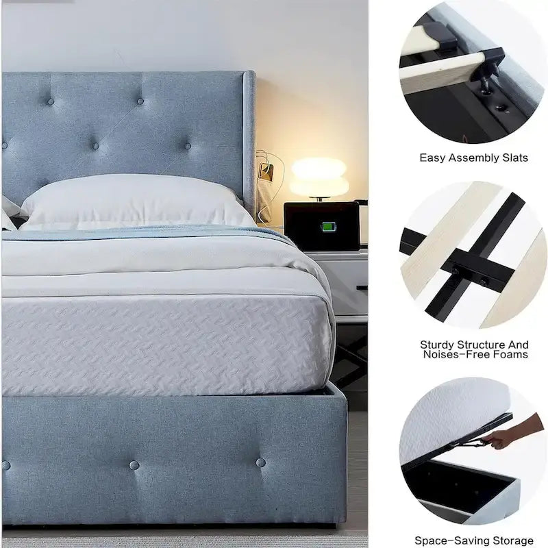 Cadre de lit double avec sommier relevable et ports USB