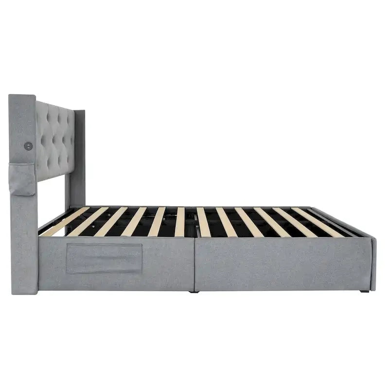 Cadre de lit double avec sommier relevable et ports USB