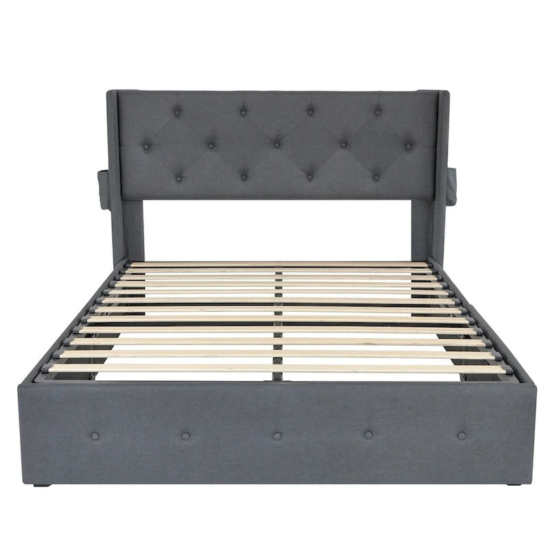 Cadre de lit double avec sommier relevable et ports USB