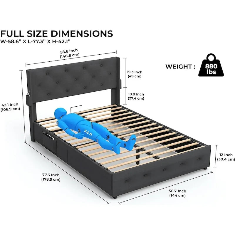 Cadre de lit double avec sommier relevable et ports USB
