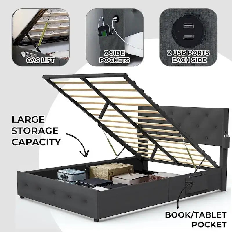 Cadre de lit double avec sommier relevable et ports USB
