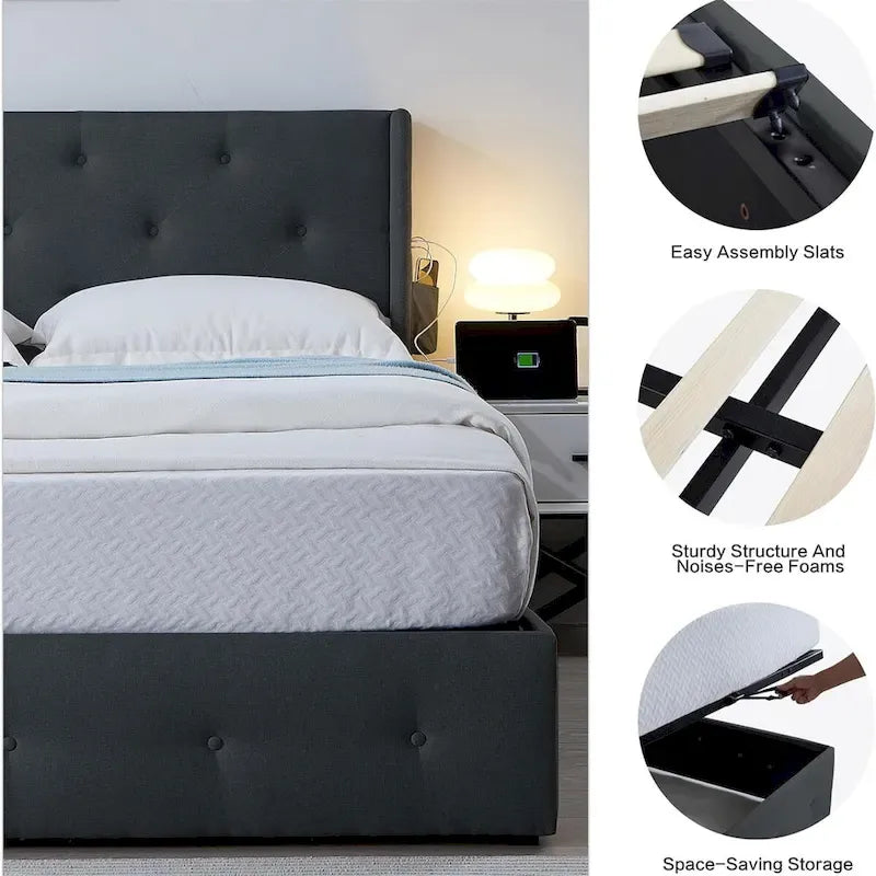 Cadre de lit double avec sommier relevable et ports USB