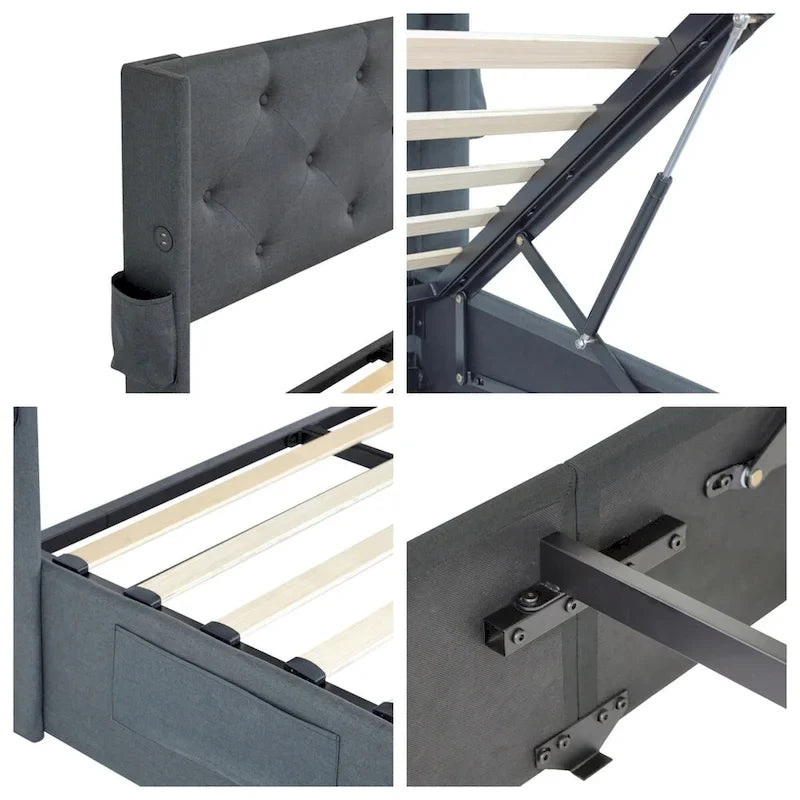 Cadre de lit double avec sommier relevable et ports USB