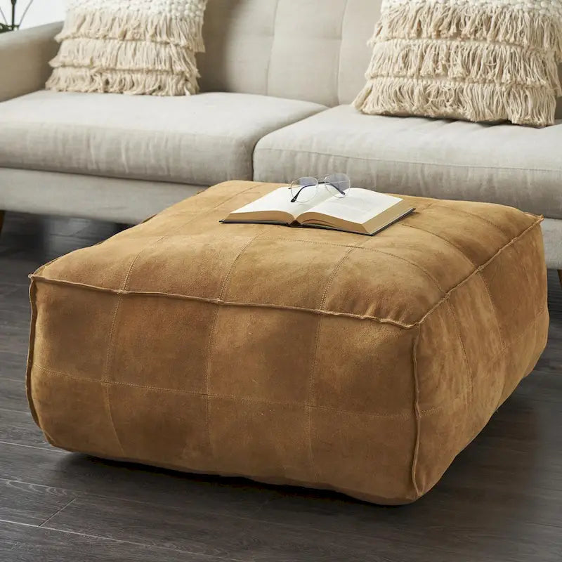 Pouf carré bas en cuir au design patchwork - Marron, Gris ou Marron foncé