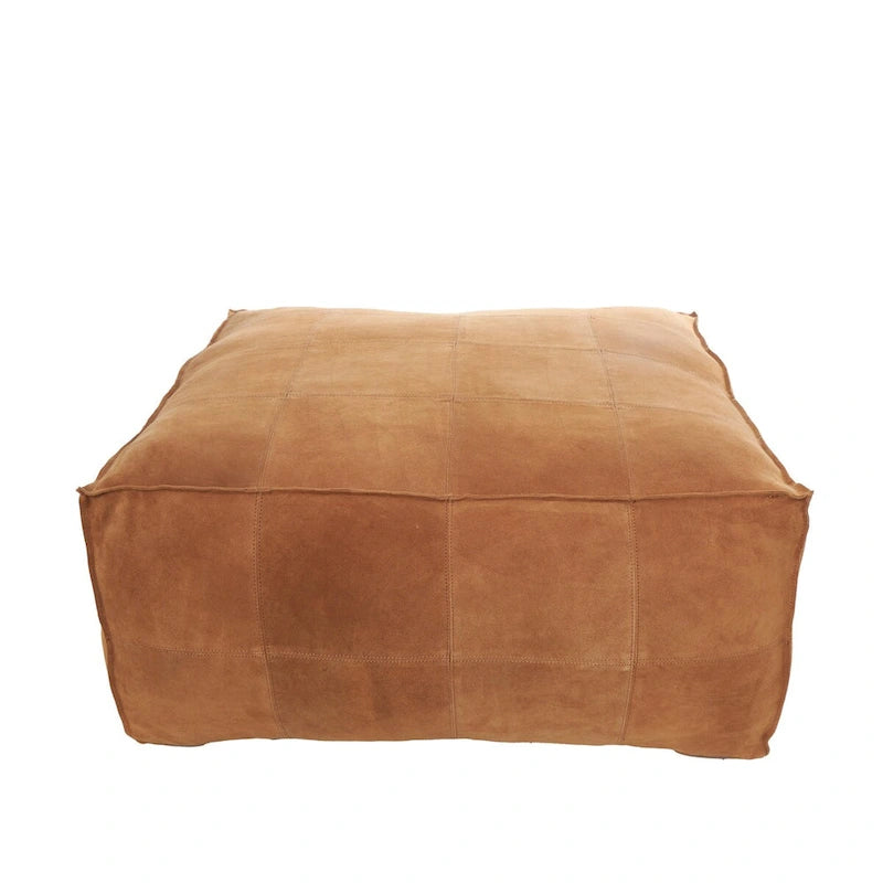 Pouf carré bas en cuir au design patchwork - Marron, Gris ou Marron foncé