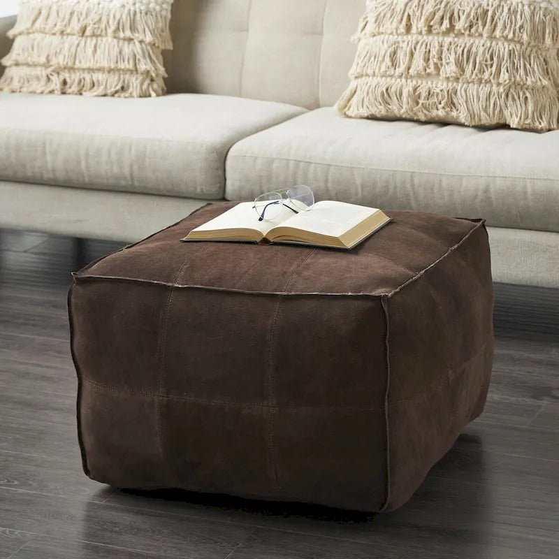Pouf carré bas en cuir au design patchwork - Marron, Gris ou Marron foncé