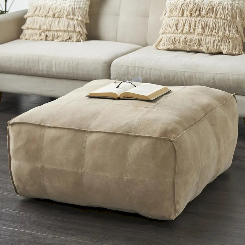 Pouf carré bas en cuir au design patchwork - Marron, Gris ou Marron foncé