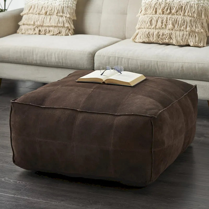 Pouf carré bas en cuir au design patchwork - Marron, Gris ou Marron foncé