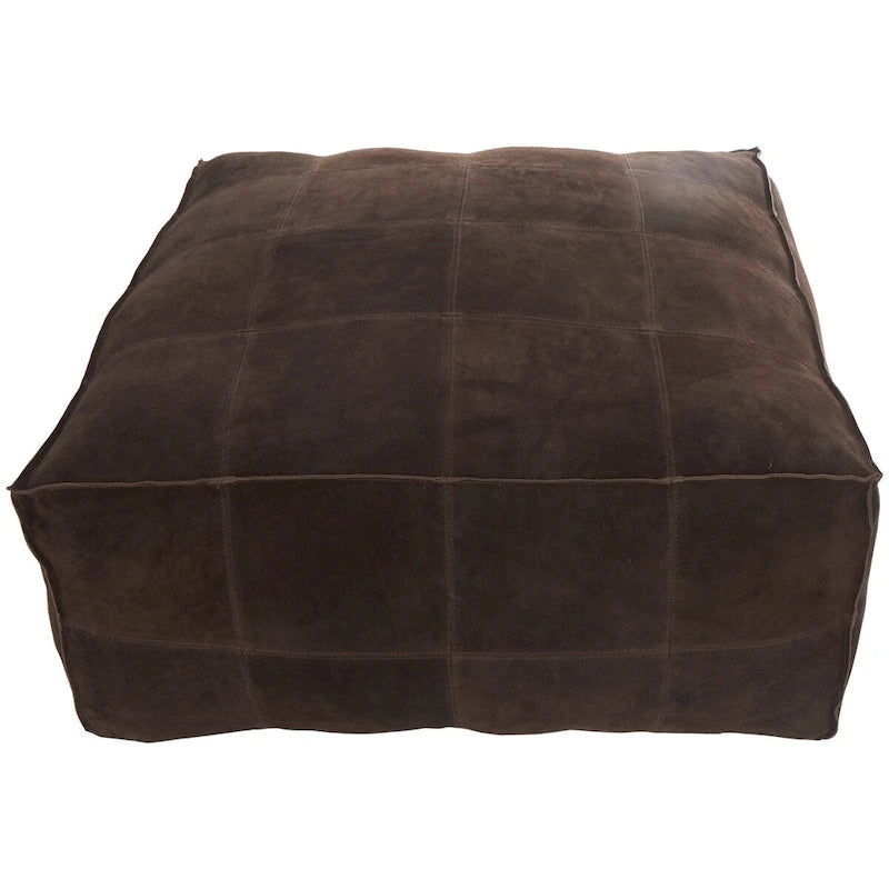 Pouf carré bas en cuir au design patchwork - Marron, Gris ou Marron foncé